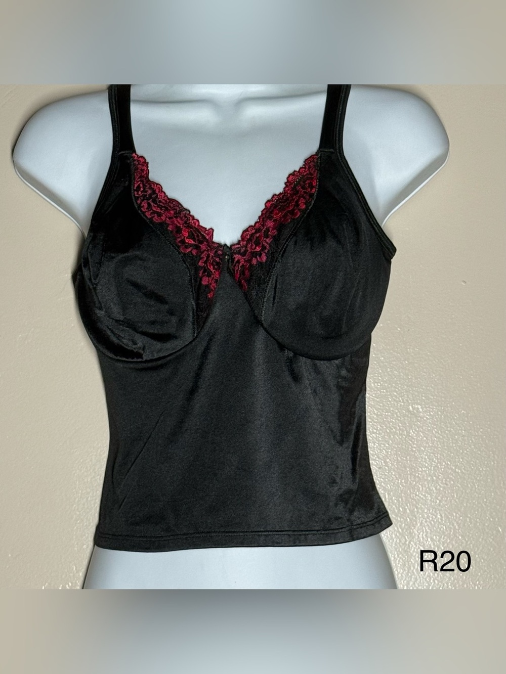 Black Camisole with Red Lace Trim - Supportive Shelf Bra Top
